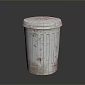 Silver Trash Can With Lid Striped Design Showing Red Stains On Dark Surface