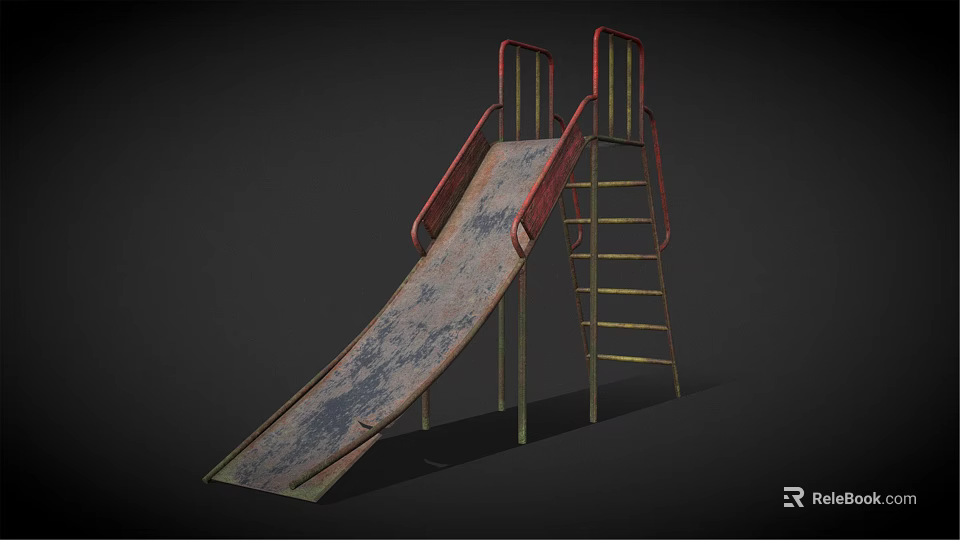 Playground Slide Equipment With Red Handrails Yellow Ladder Metal Structure And Worn Surface 3d model 