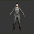Game Movie Female Character in Gray Utility Jumpsuit with Red Hands Standing Pose