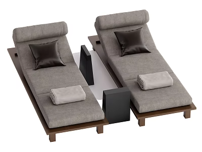 Gray Loungers with Wooden Frames Dark Cushions Folded Towels and Black Side Tables 3d model