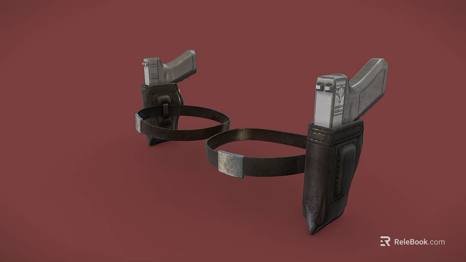 Vintage Leather Holsters With Silver Pistols On Red Background 3d model 