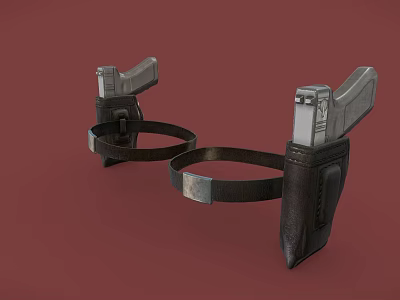 Vintage Leather Holsters With Silver Pistols On Red Background 3d model