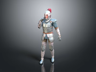Man In Medieval Full Body Armor With Red Helmet Standing Against Gray Background 3d model