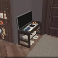 Wooden Storage Stool with Multiple Shelves in Entrance Corner Featuring Decorative Hooks and Wooden Floor