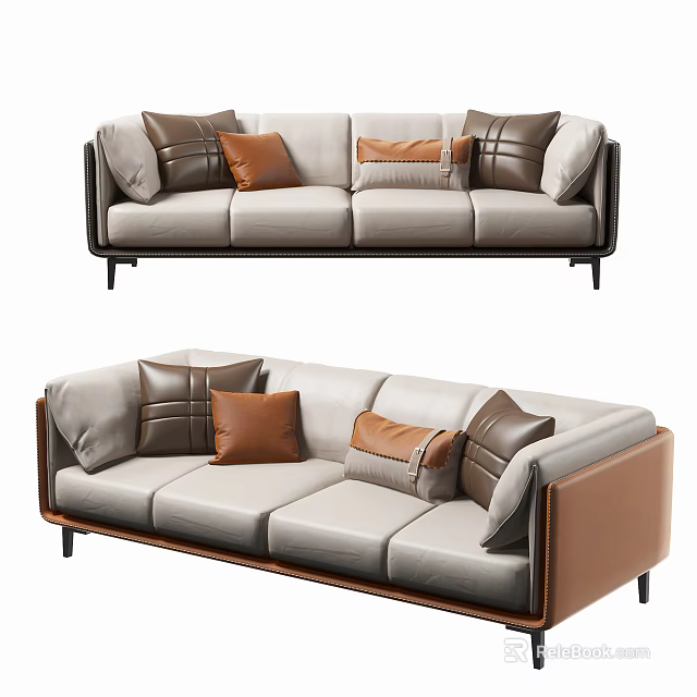 Modern Sectional Sofa With Beige Upholstery Brown Decorative Pillows And Metal Legs 3d model 