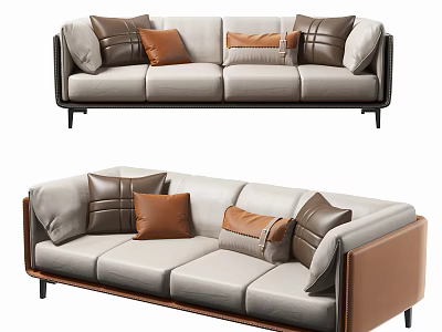 Modern Sectional Sofa With Beige Upholstery Brown Decorative Pillows And Metal Legs 3d model