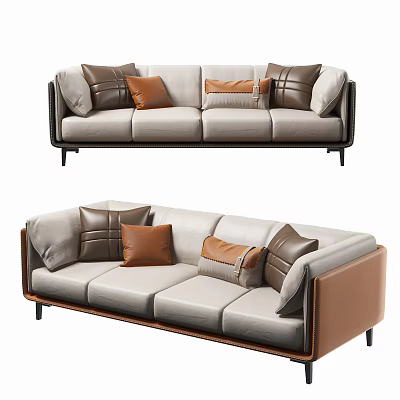 Modern Sectional Sofa With Beige Upholstery Brown Decorative Pillows And Metal Legs 3d model
