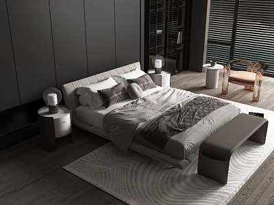 Modern Double Bed Room Interior With Gray White Bedding Wooden Floor And Bench 3d model