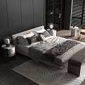 Modern Double Bed Room Interior With Gray White Bedding Wooden Floor And Bench