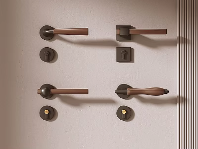 Modern Luxury Wooden Lever Door Handles With Black Base On Light Wall 3d model