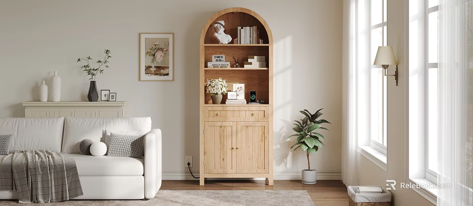 Light Wood Arched Top Bookcase with Books Decorative Items in Cozy Living Room Natural Light 3d model 