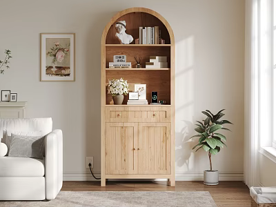 Light Wood Arched Top Bookcase with Books Decorative Items in Cozy Living Room Natural Light 3d model