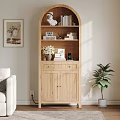 Light Wood Arched Top Bookcase with Books Decorative Items in Cozy Living Room Natural Light