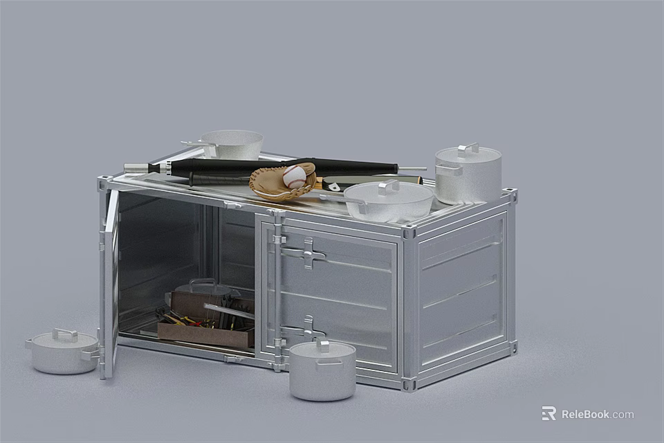 Open Silver Metal Box With Tools Inside And White Containers Around 3d model