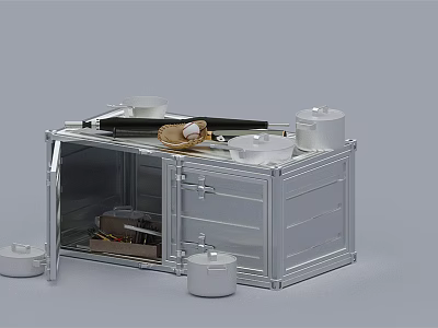 Open Silver Metal Box With Tools Inside And White Containers Around 3d model