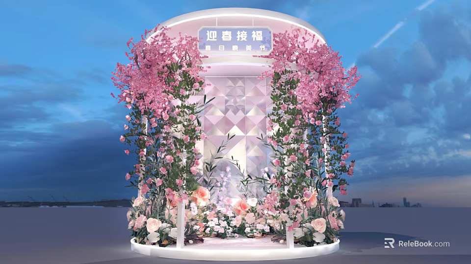 Festive Floral Art Installation With Pink Cherry Blossoms And Spring Flower Decorations 3d model 