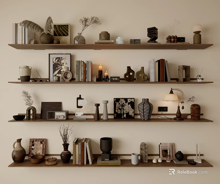 Stylish Decorative Ornament Combination On Wooden Shelves With Vases Frames Books Candles And Lamps 3d model 