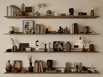 Stylish Decorative Ornament Combination On Wooden Shelves With Vases Frames Books Candles And Lamps 3d model