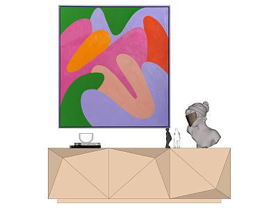 Vibrant Abstract Painting With Colorful Curves On Geometric Cabinet With Sculpture And Decor 3d model