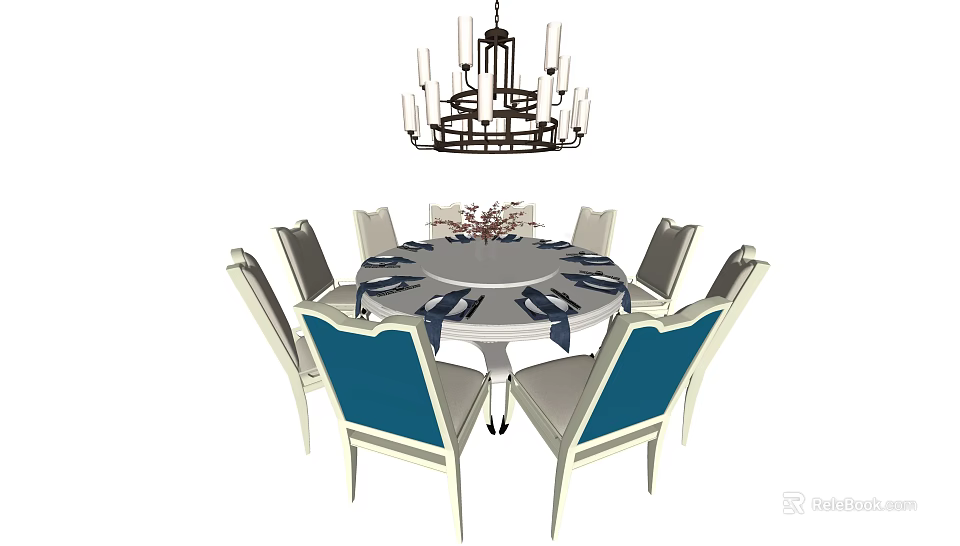Round Dining Table Set with Blue Back Chairs and Tableware under Classic Chandelier 3d model