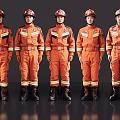 Professional Male Firefighters in Orange Uniforms Standing in a Line Against Dark Background