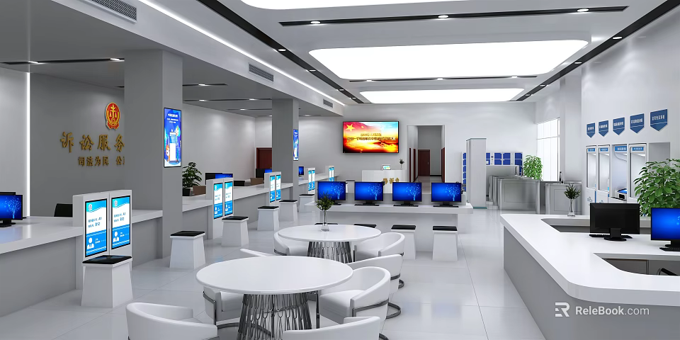 Modern Public Service Hall Interior Design With Service Counters Computers Display Screens And Waiting Tables 3d model 