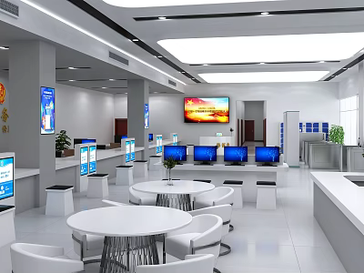 Modern Public Service Hall Interior Design With Service Counters Computers Display Screens And Waiting Tables 3d model
