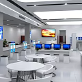 Modern Public Service Hall Interior Design With Service Counters Computers Display Screens And Waiting Tables