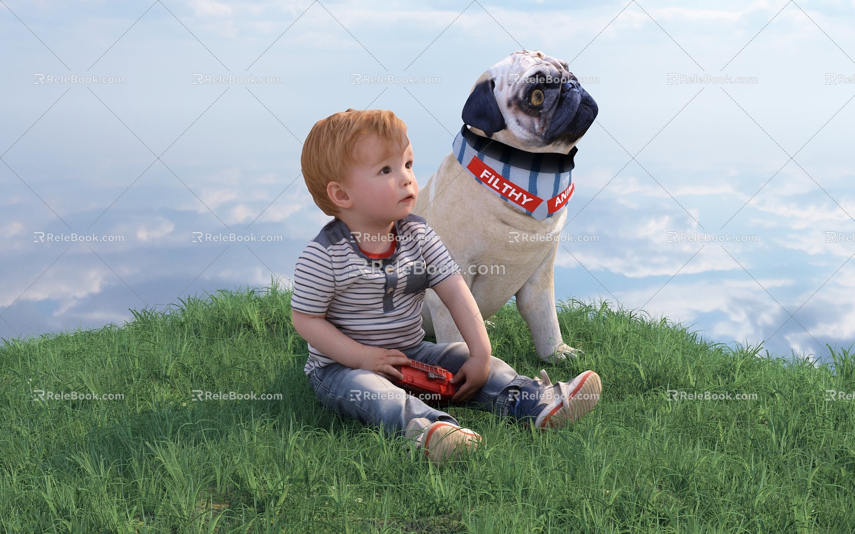 Pug dog pug boy child figure child starling deadbeat dog turf lawn outdoor sky mound scene person 3d model