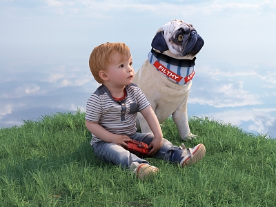 Pug dog pug boy child figure child starling deadbeat dog turf lawn outdoor sky mound scene person 3d model