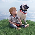 Pug dog pug boy child figure child starling deadbeat dog turf lawn outdoor sky mound scene person 3d model