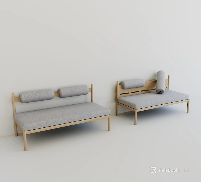 Modern Multi Person Sofa With Light Wood Frame And Gray Cushions 3d model