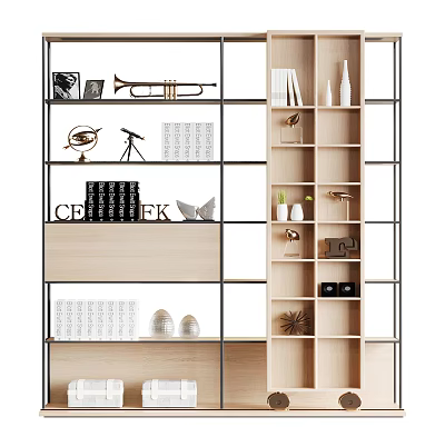 Modern Bookcase Interior Design With Metal Frame Wooden Shelves And Decorative Items 3d model