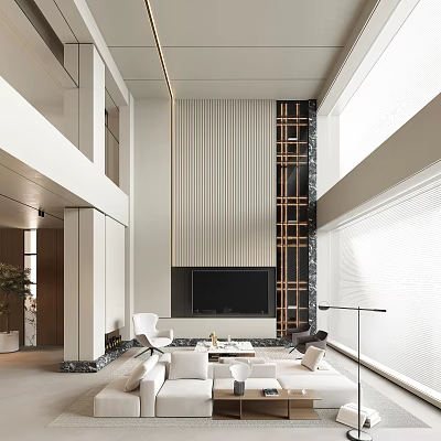 Modern Duplex Living Room Interior Design With High Ceilings Large Windows And Wooden Paneling 3d model