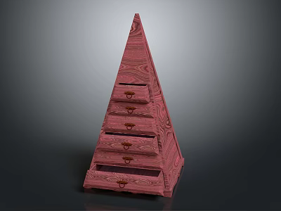Stylish Red Pyramid Shaped Wooden Chest With Stacked Drawers And Decorative Handles 3d model