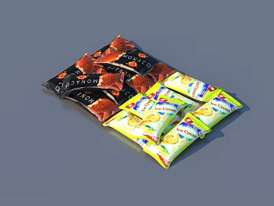 Crunchy Potato Chips With Various Colorful Packaging And Delicious Flavors 3d model