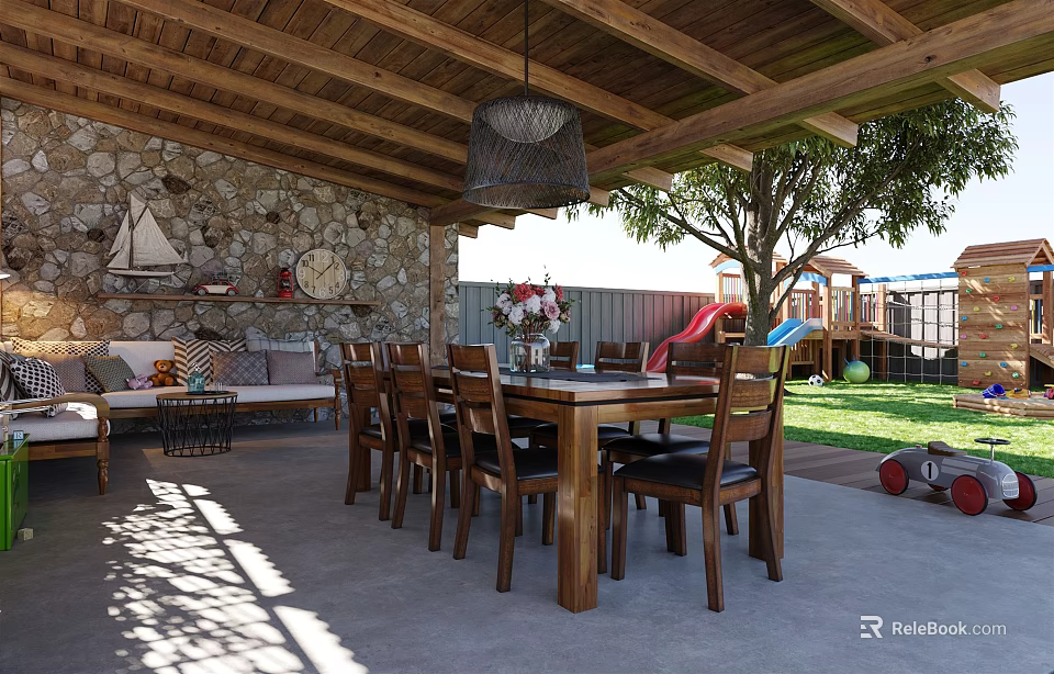 Garden Landscape with Wooden Roof Stone Wall Patio Dining Area Playground and Sunlit Lawn 3d model 