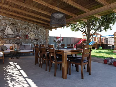 Garden Landscape with Wooden Roof Stone Wall Patio Dining Area Playground and Sunlit Lawn 3d model