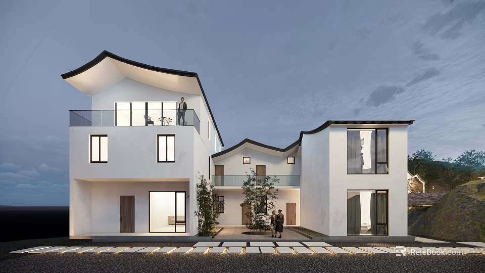 Modern Two Story Detached Villa With White Exterior Unique Roof Design Balcony And Front Greenery 3d model 