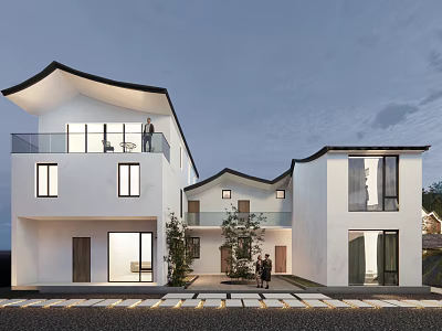 Modern Two Story Detached Villa With White Exterior Unique Roof Design Balcony And Front Greenery 3d model
