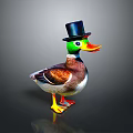 Colorful Toy Duck Wearing Black Top Hat Green Neck And Orange Beak On Dark Background