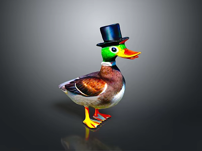 Colorful Toy Duck Wearing Black Top Hat Green Neck And Orange Beak On Dark Background 3d model
