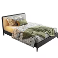 Single Bed With Black Headboard Patterned Bedspread Green Blanket And Decorative Pillows 3d model