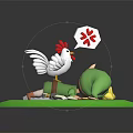 Green Clad Character Lying on Green Ground With White Rooster Speech Bubble Four Leaf Clover