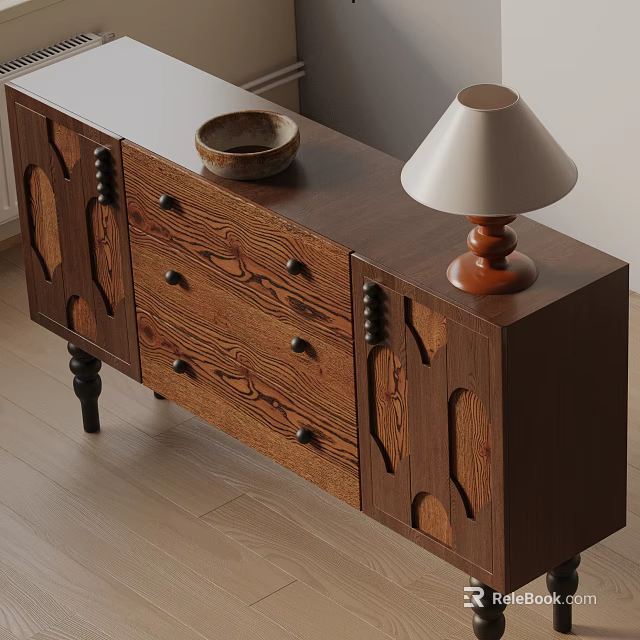 Carved Wooden Dark Brown Entryway Sideboard Cabinet With Drawers Table Lamp And Bowl On Top 3d model 