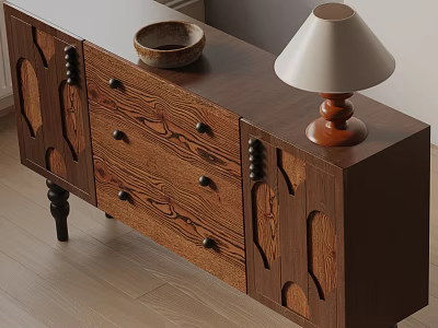 Carved Wooden Dark Brown Entryway Sideboard Cabinet With Drawers Table Lamp And Bowl On Top 3d model