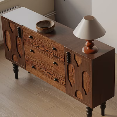 Carved Wooden Dark Brown Entryway Sideboard Cabinet With Drawers Table Lamp And Bowl On Top 3d model