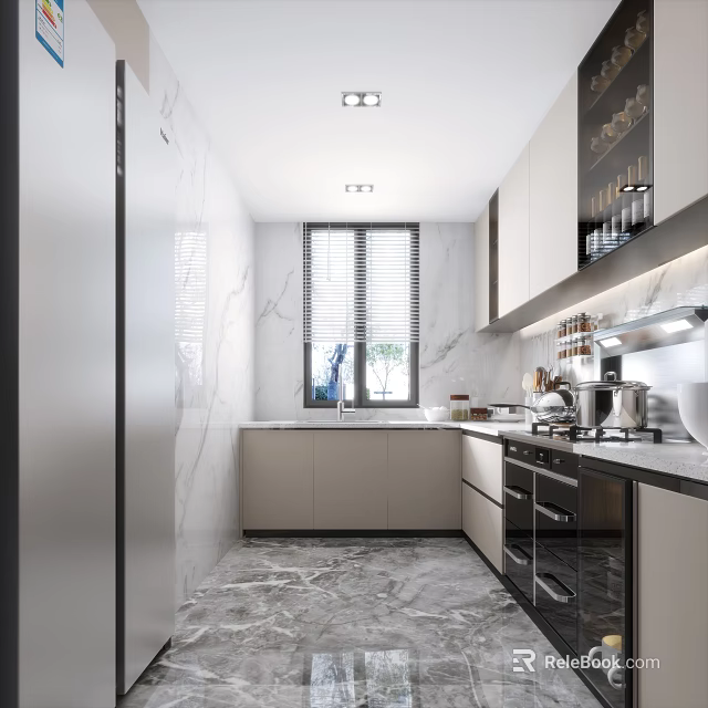 Modern Kitchen Interior Design With Marble Walls Blinds Windows Cabinets And Appliances 3d model