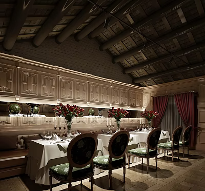 Elegant Private Dining Room With White Tablecloths Wooden Ceiling And Decorative Flowers 3d model