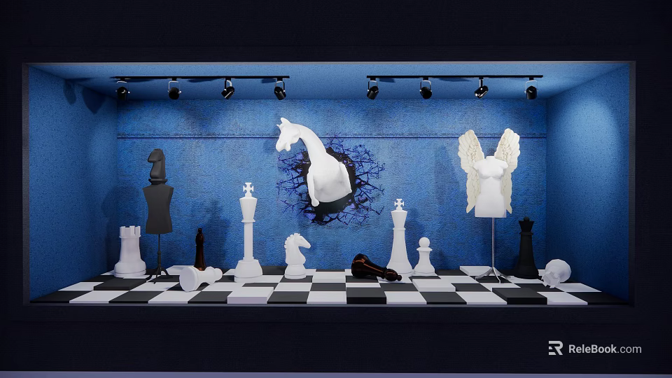 Window Display With Blue Background Black White Checkered Floor Chess Pieces And Sculptures 3d model 
